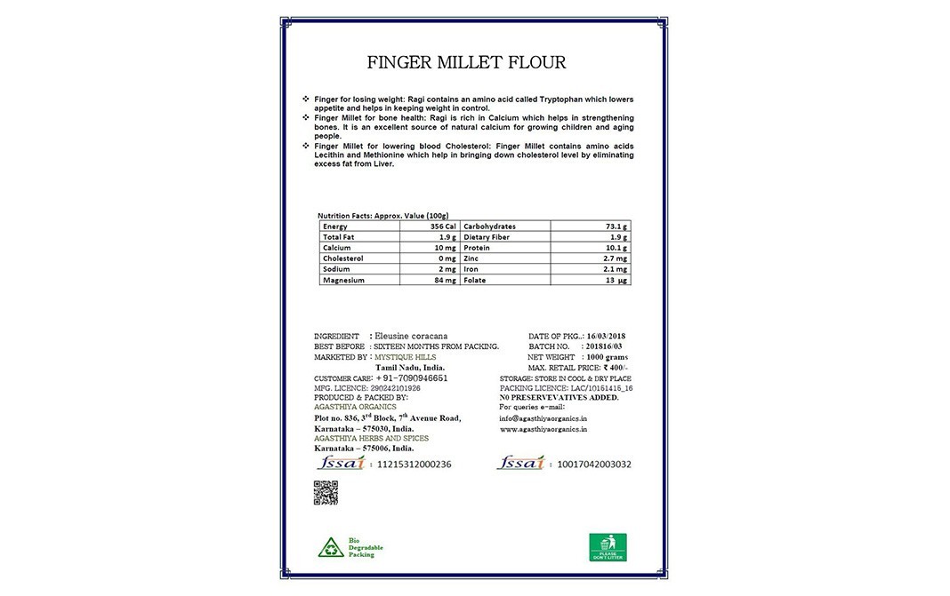 Mystique Hills Organic Finger Millet Flour    Box  1 kilogram
